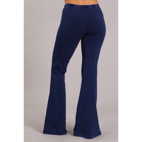 Galaxy Blue Boho Mineral Wash Stretch Flared Bell Bottom Casual Pants - Picture 3 of 6